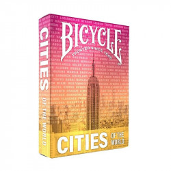 Etui de cartes Bicycle Cities of the World avec détails en foil argenté et silhouettes de villes Merlin Magie
