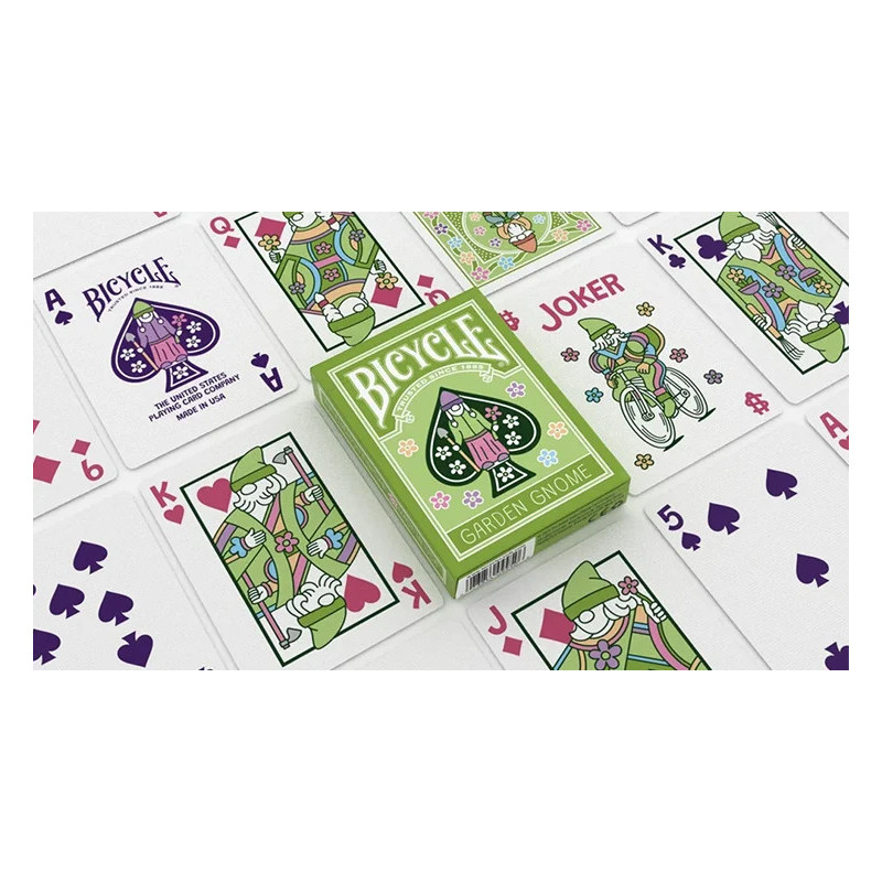 Dos de cartes Bicycle montrant un nain de jardin à bicyclette.