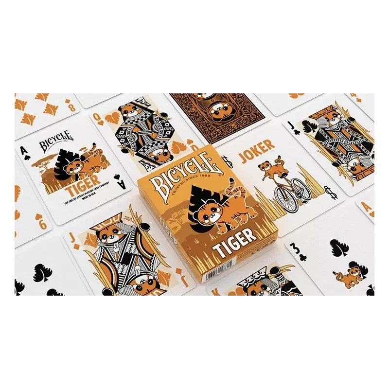 Éventail de cartes Bicycle Tiger montrant les couleurs vives orange et blanc.